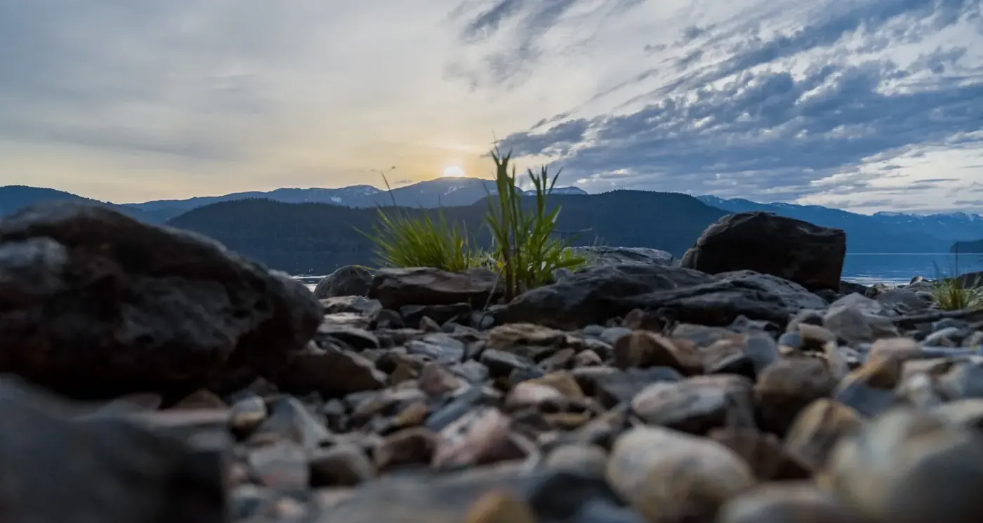 Rocky shoreline at sunset
