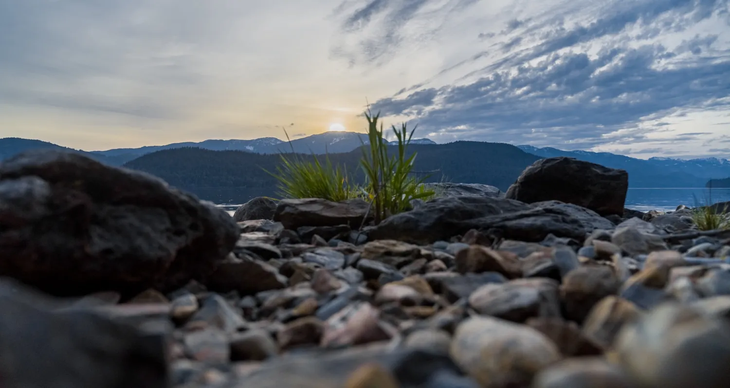 Rocky shoreline at sunset