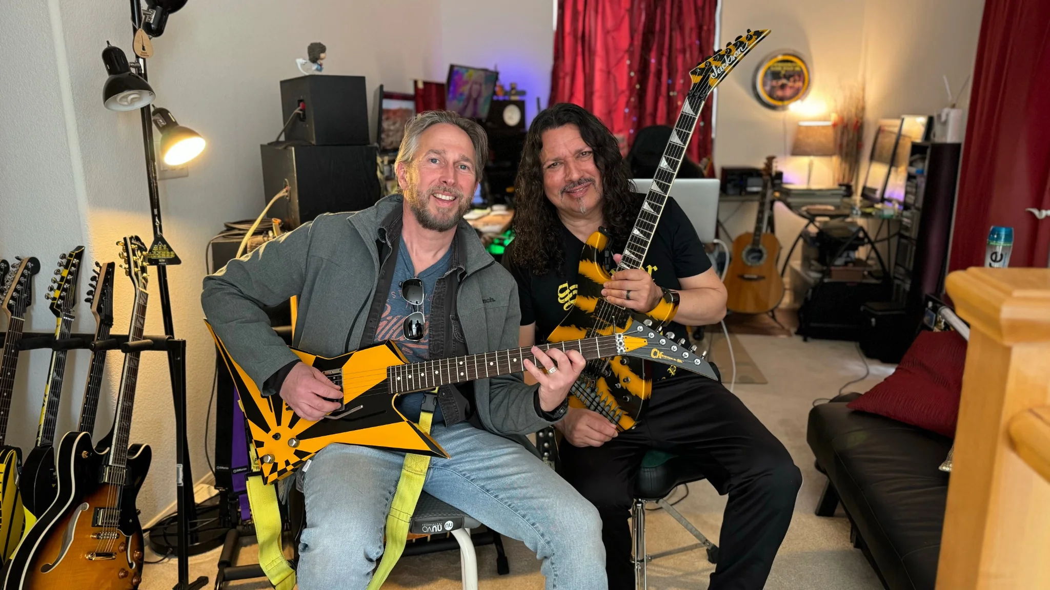 Chris Atkins during the Stryper documentary production with guitars