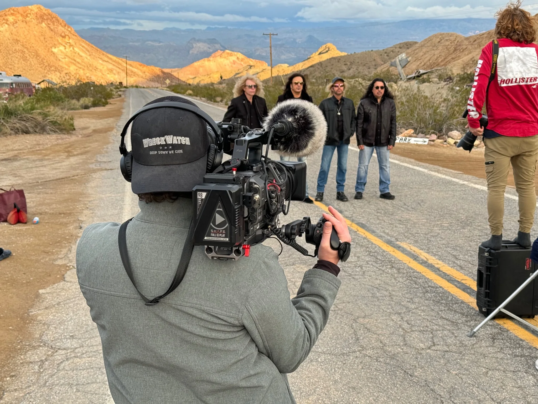 Behind the scenes of the Stryper documentary filming on a desert road
